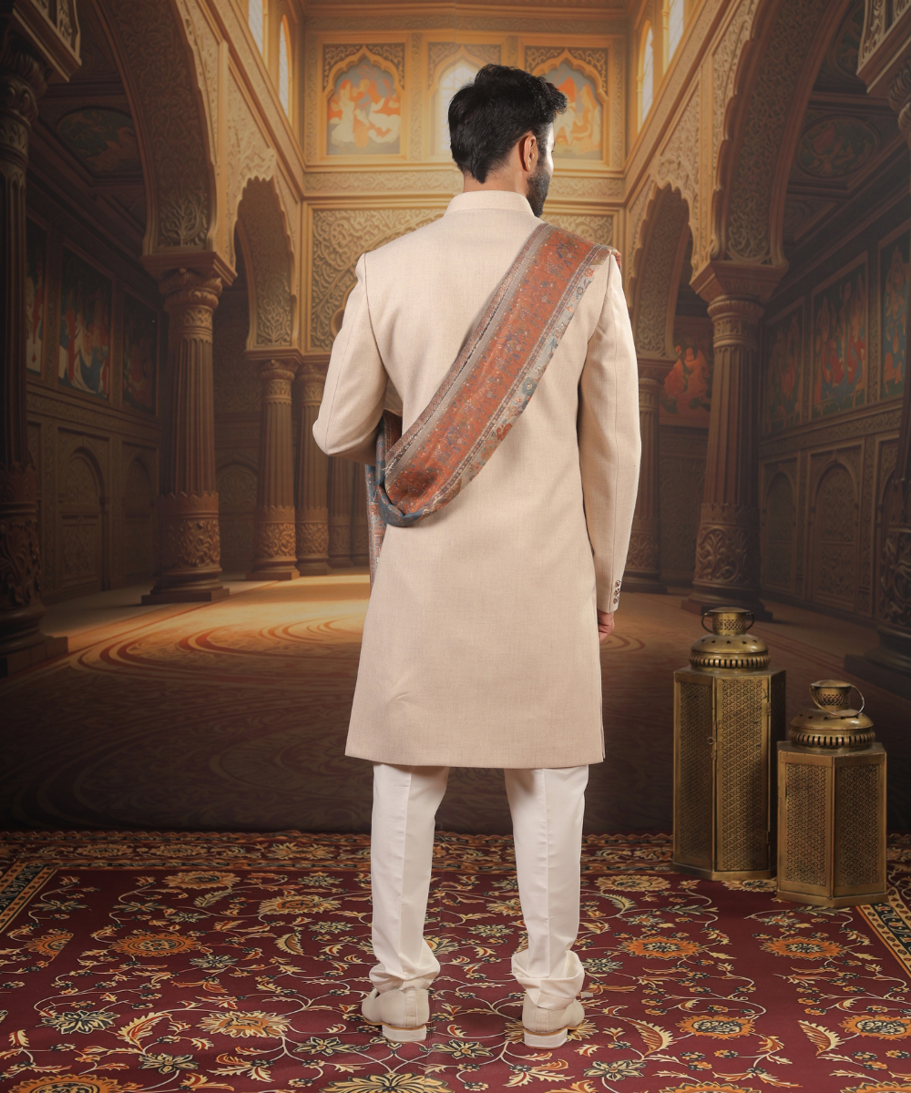 Beige Silk Nawabi Kurta Set for Men with Pashmina Dupatta