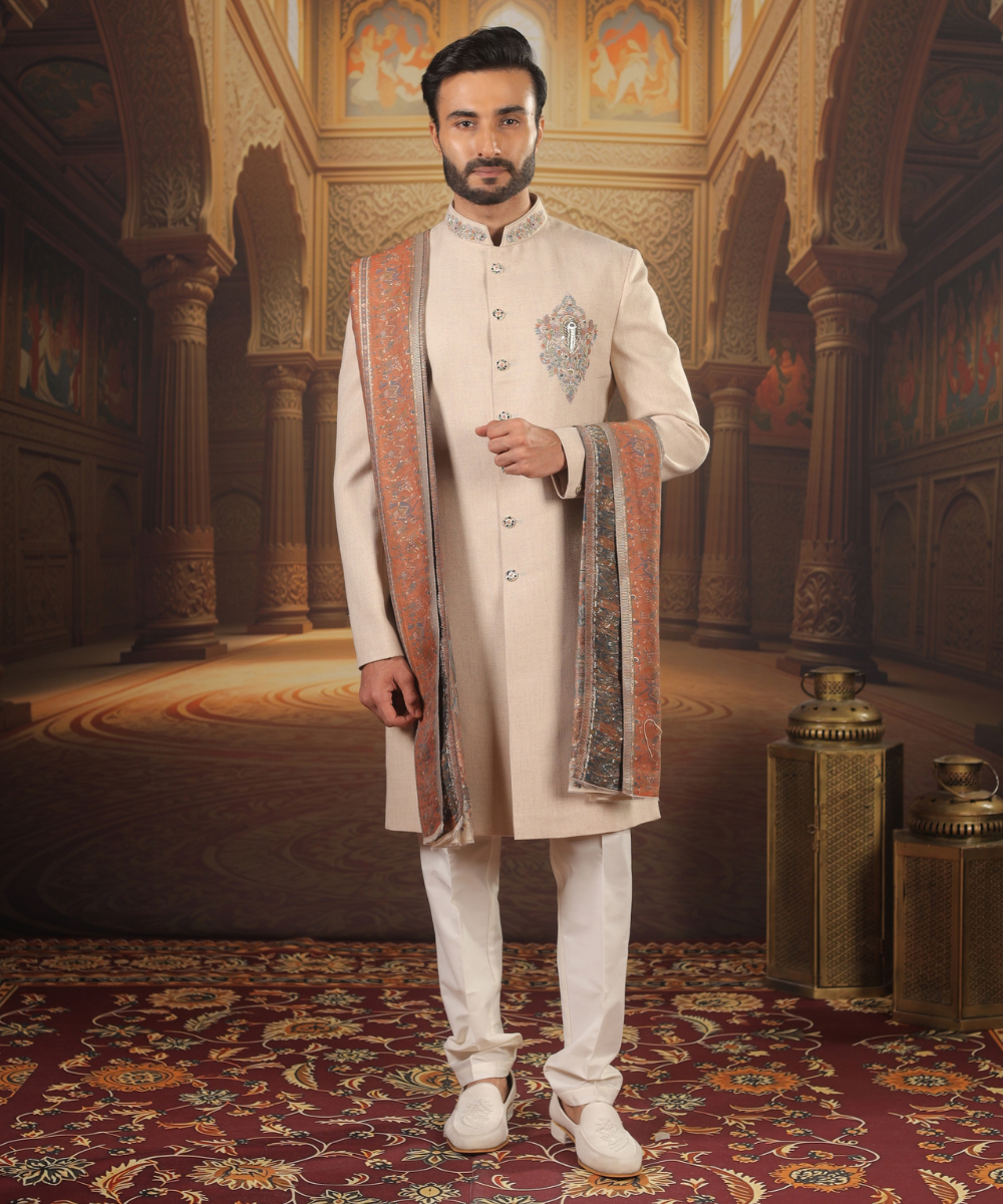 Beige Silk Nawabi Kurta Set for Men with Pashmina Dupatta