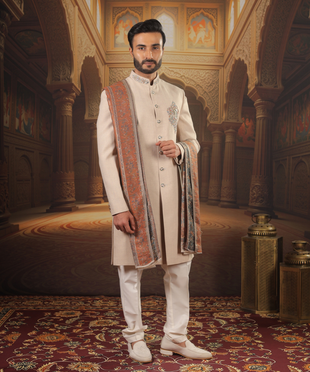 Beige Silk Nawabi Kurta Set for Men with Pashmina Dupatta