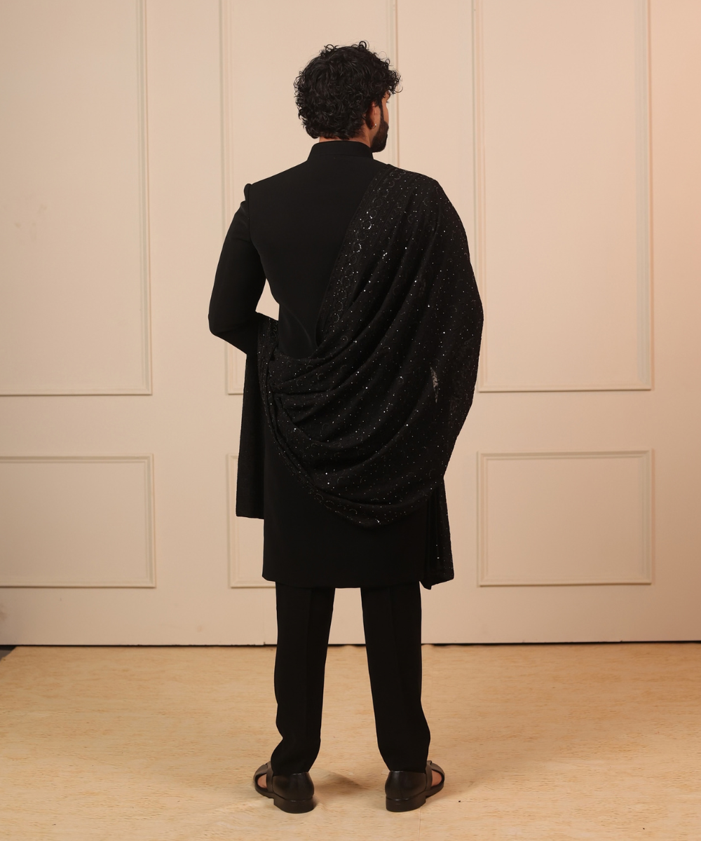 Black Nawabi Kurta with Dupatta & Pant Set for Men