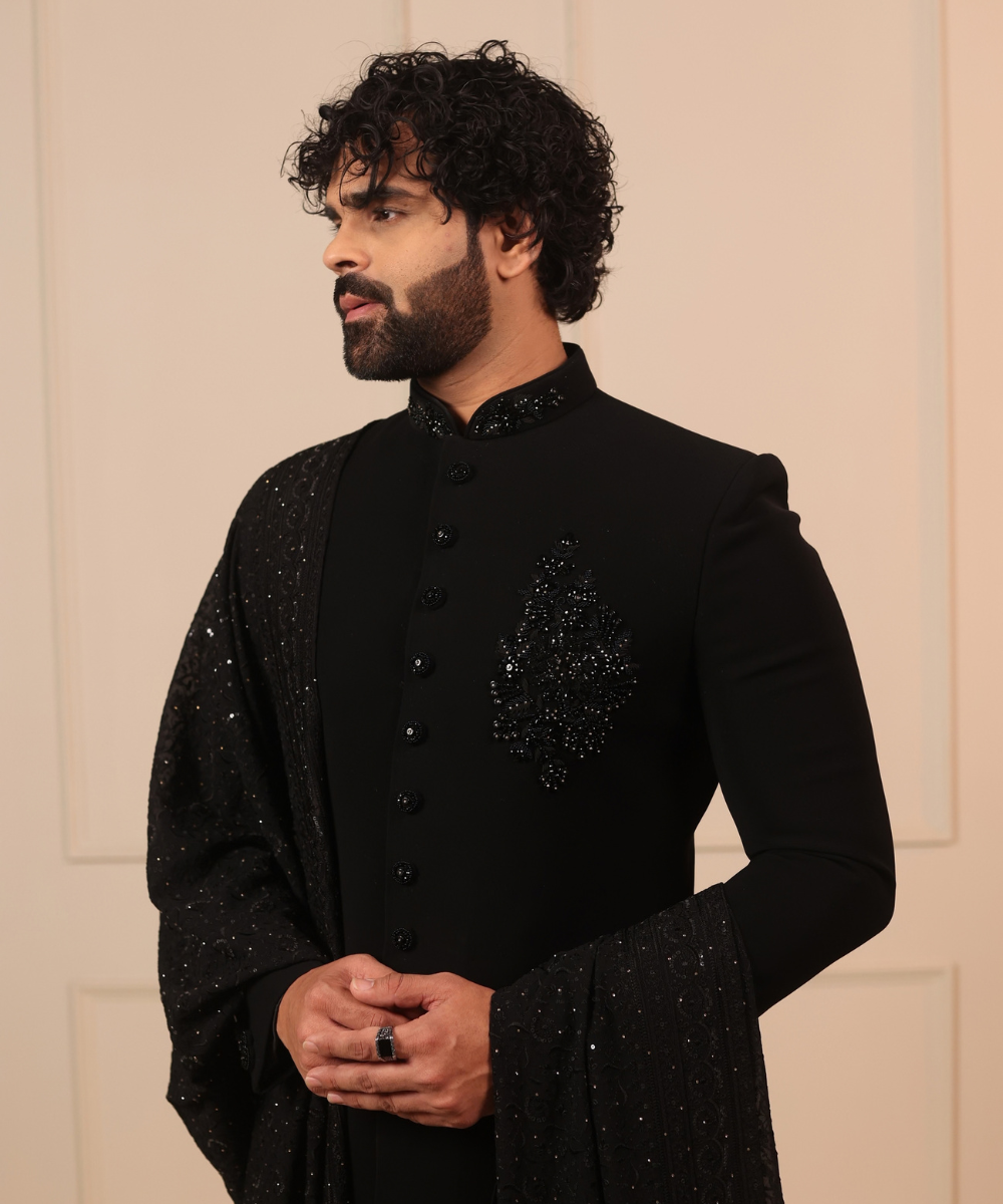 Black Nawabi Kurta with Dupatta & Pant Set for Men