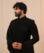 Black Nawabi Kurta with Dupatta & Pant Set for Men