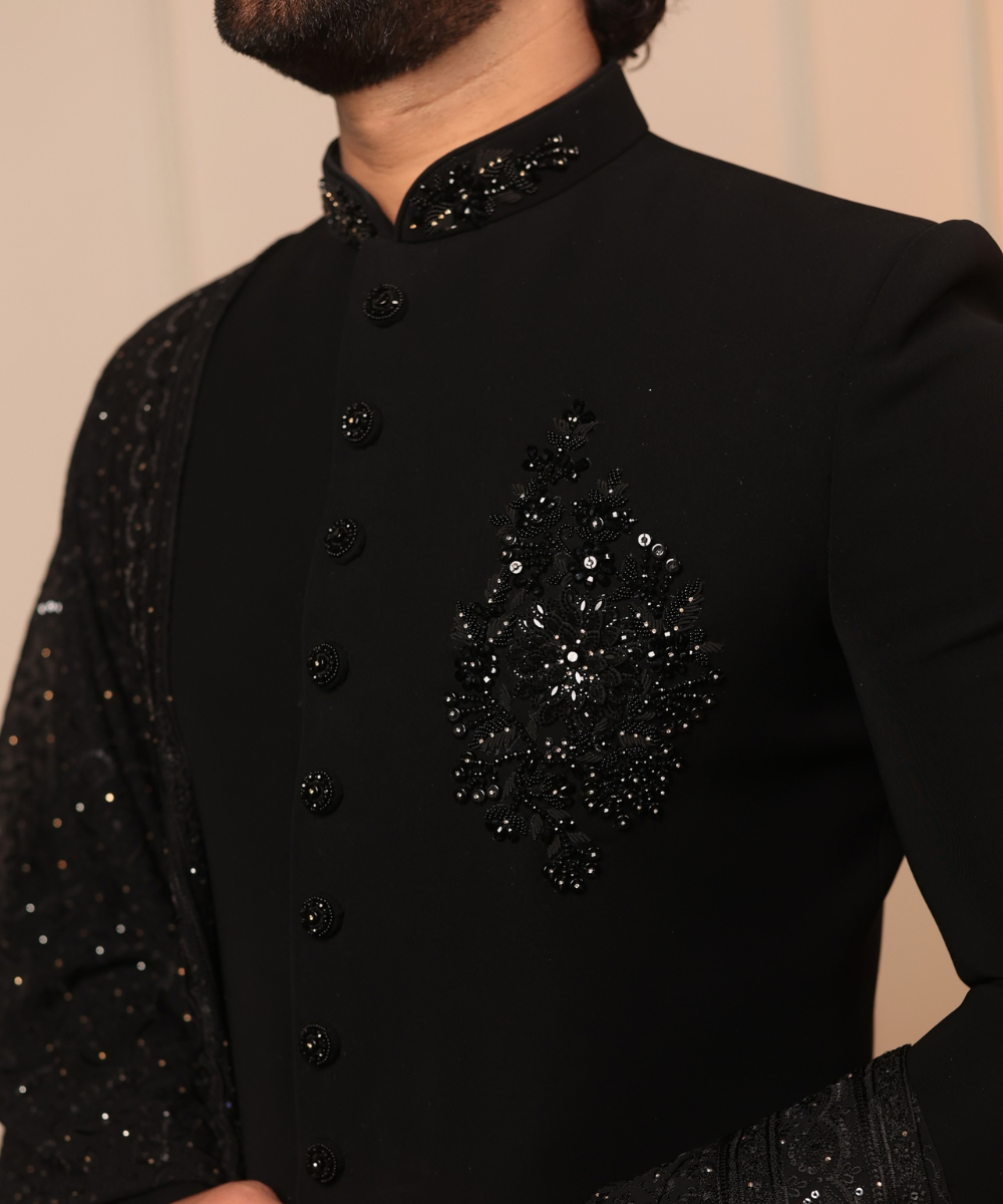 Black Nawabi Kurta with Dupatta & Pant Set for Men