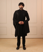 Black Nawabi Kurta with Dupatta & Pant Set for Men