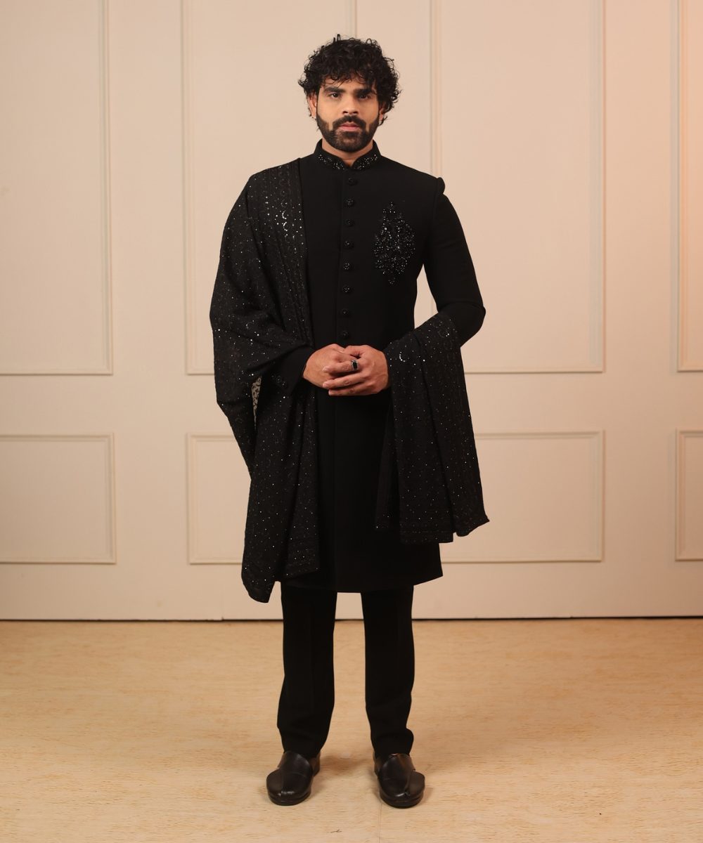 Black Nawabi Kurta with Dupatta & Pant Set for Men