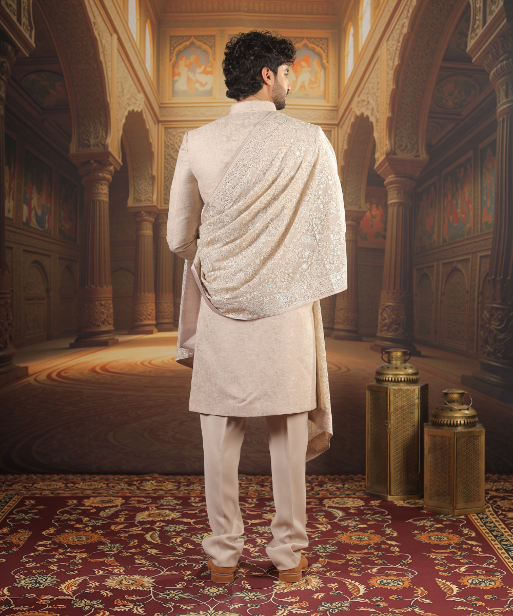 Fawn Nawabi Kurta Set for Men with Dupatta