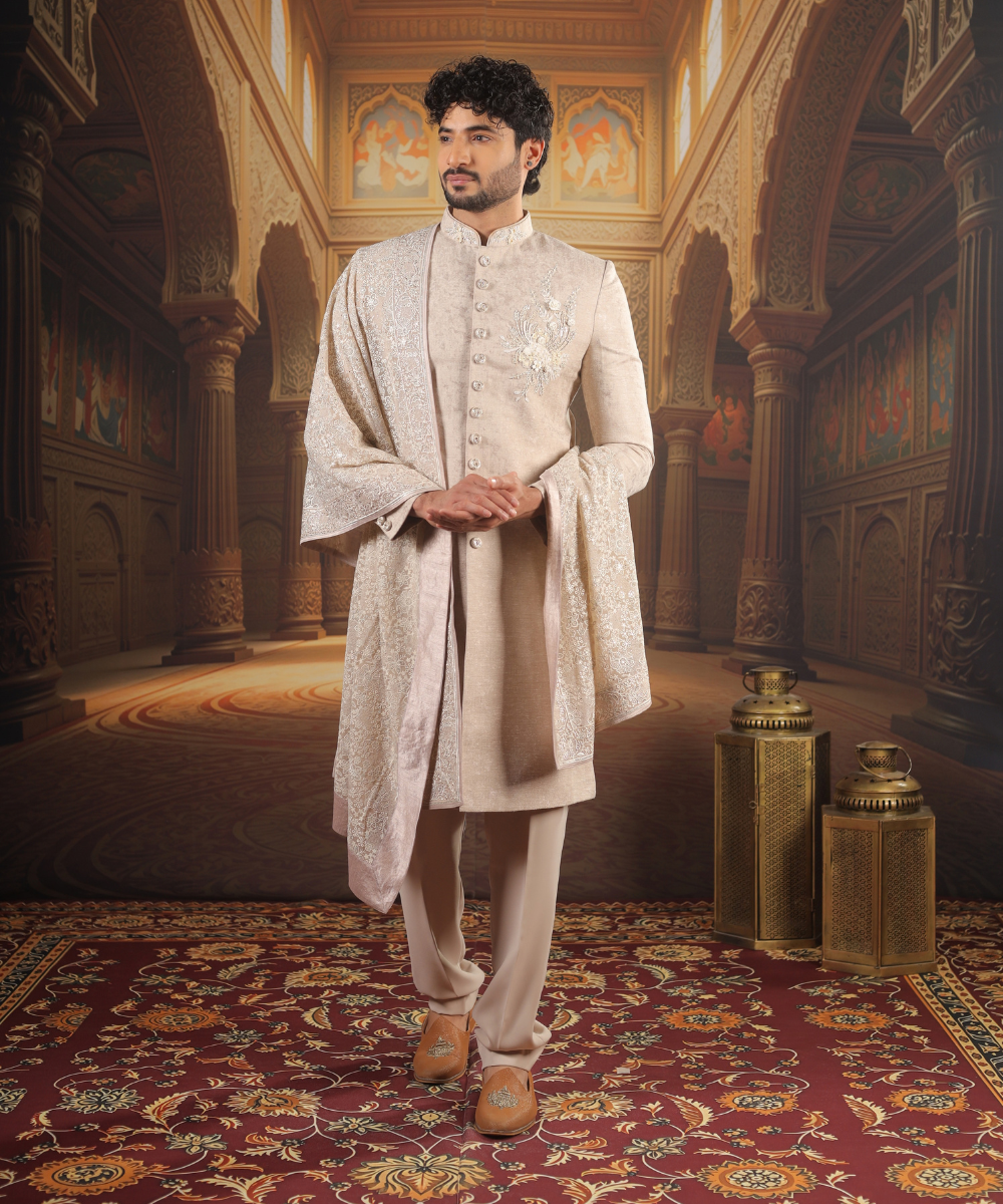 Fawn Nawabi Kurta Set for Men with Dupatta