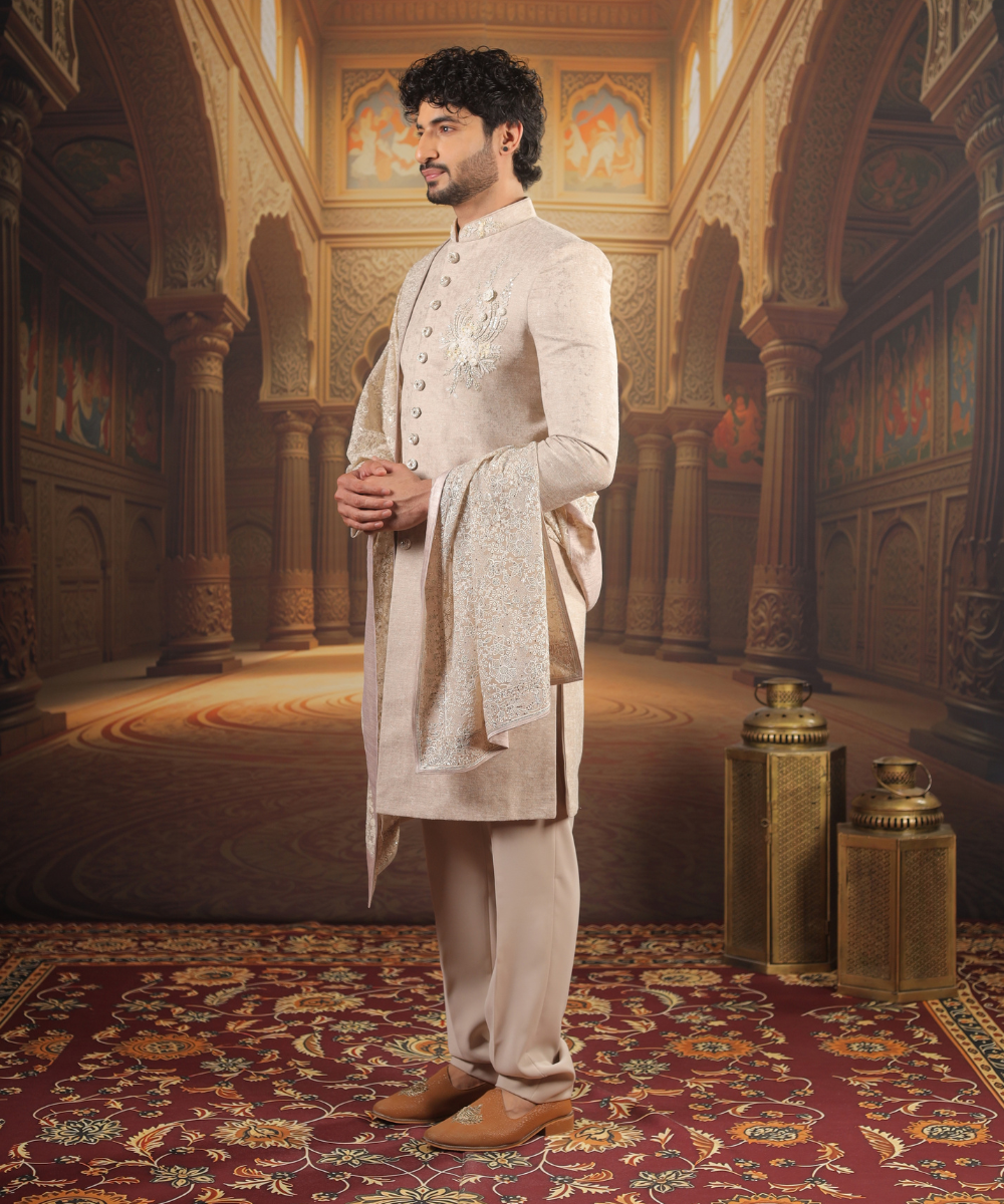 Fawn Nawabi Kurta Set for Men with Dupatta