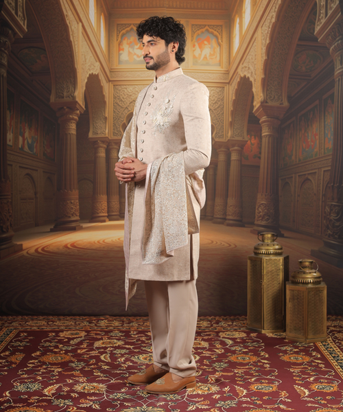 Fawn Nawabi Kurta Set for Men with Dupatta