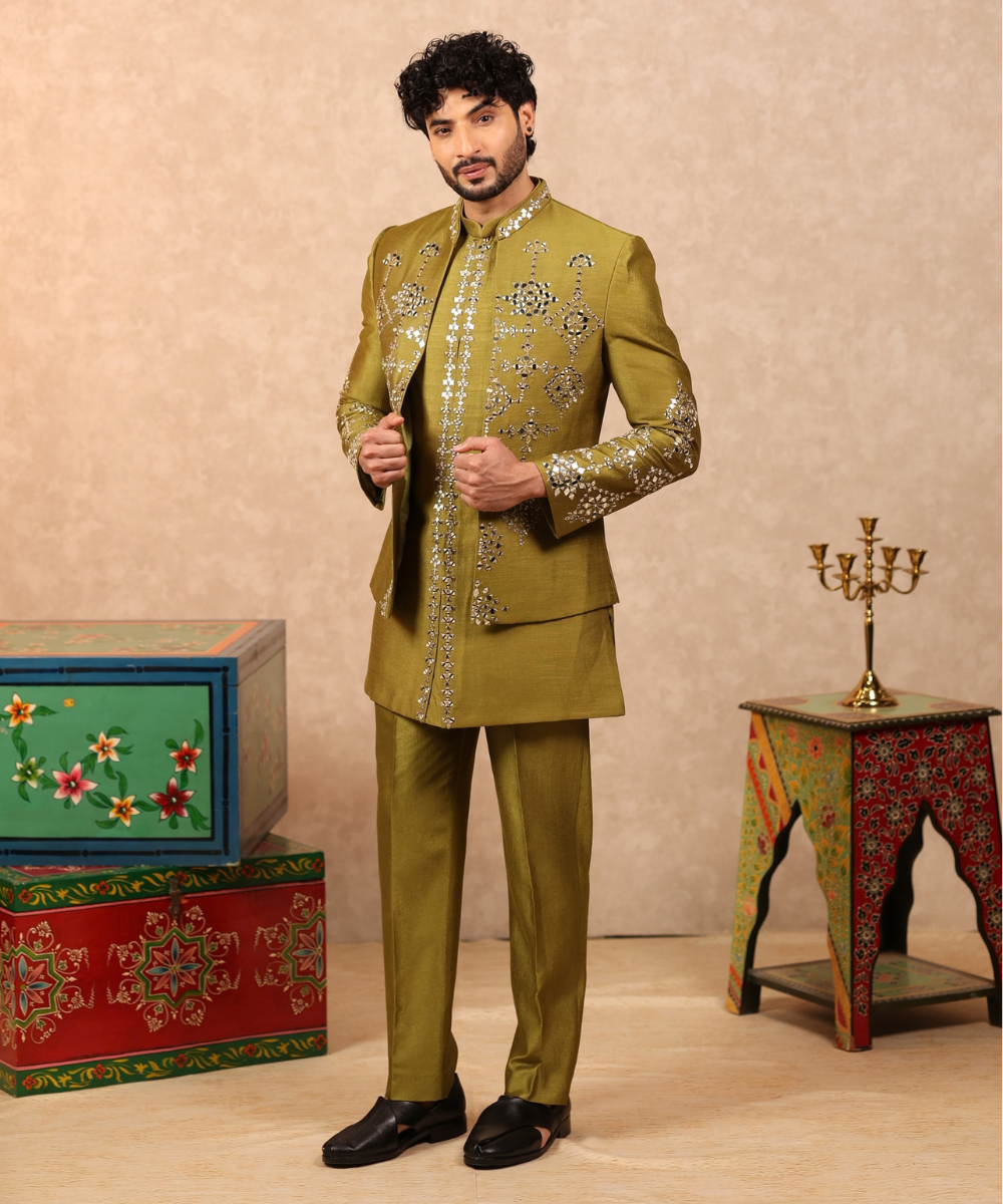 Green Mirror Work Designer Indo Western for Men