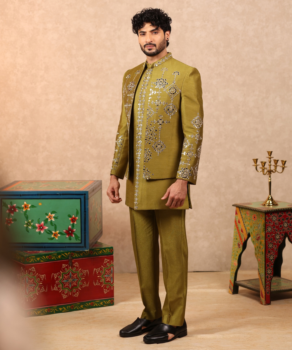 Green Mirror Work Designer Indo Western for Men