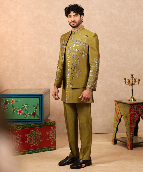 Green Mirror Work Designer Indo Western for Men