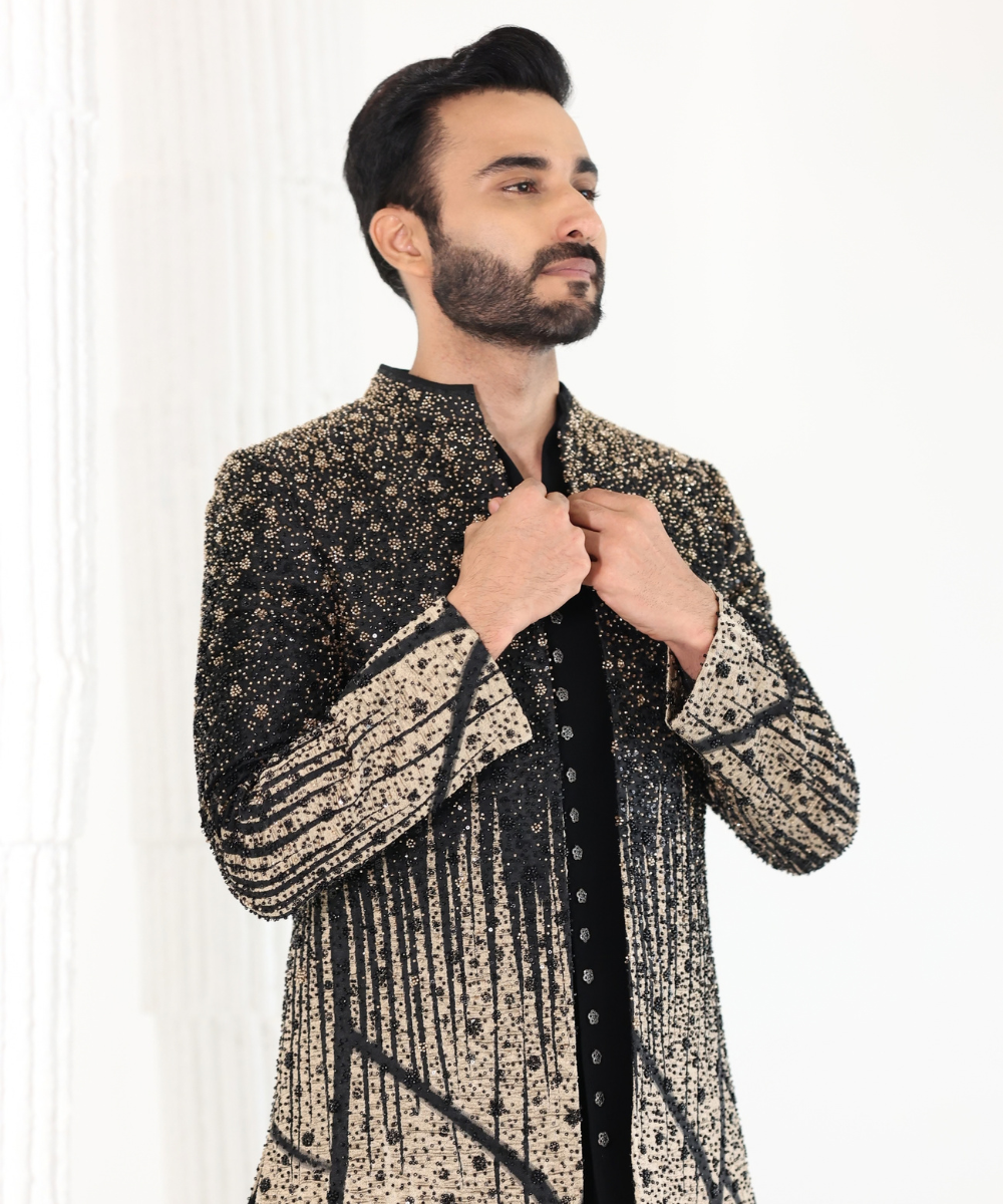 Grey Handwork Velvet Indo Western Set for Men