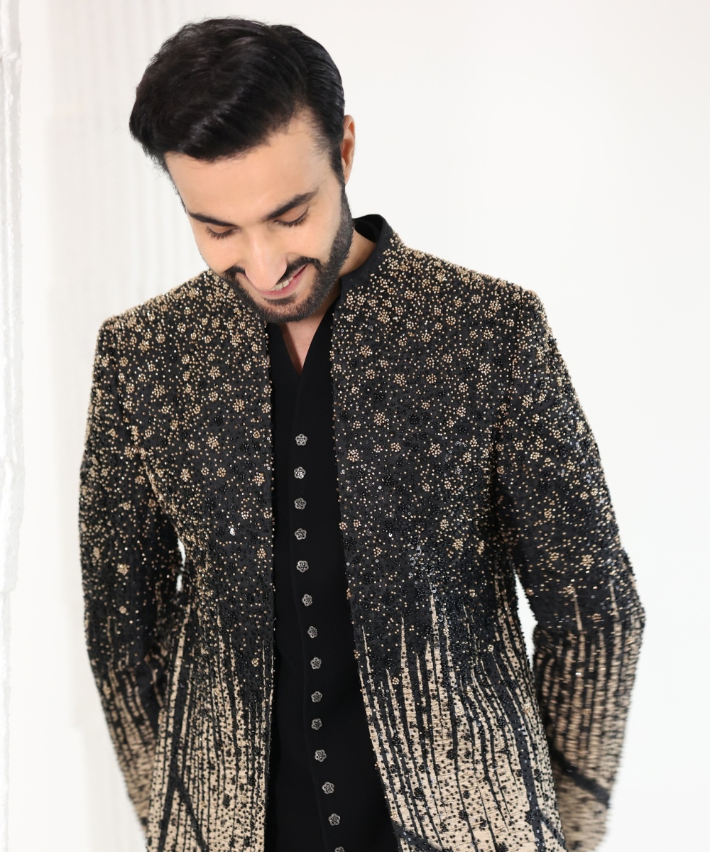 Grey Handwork Velvet Indo Western Set for Men
