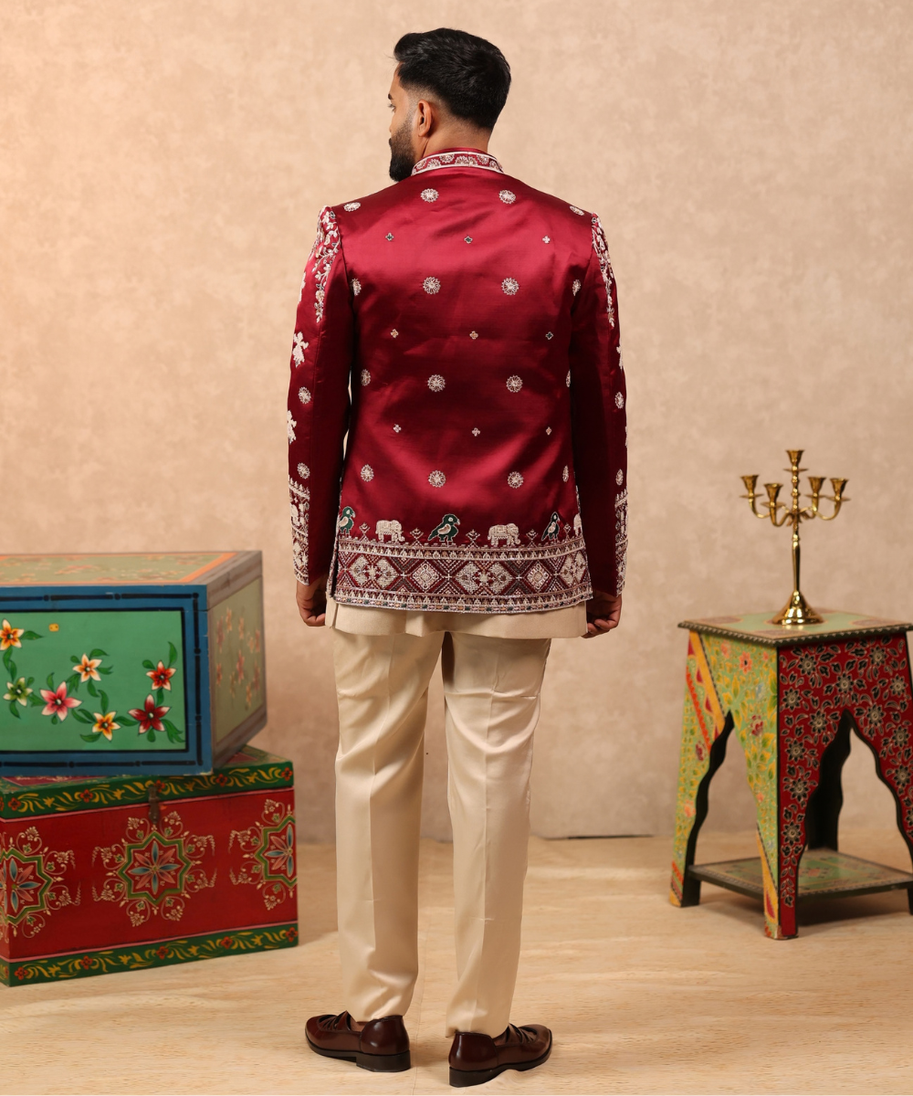 Maroon Handwork Indo Western Set for Men with Beige Pant