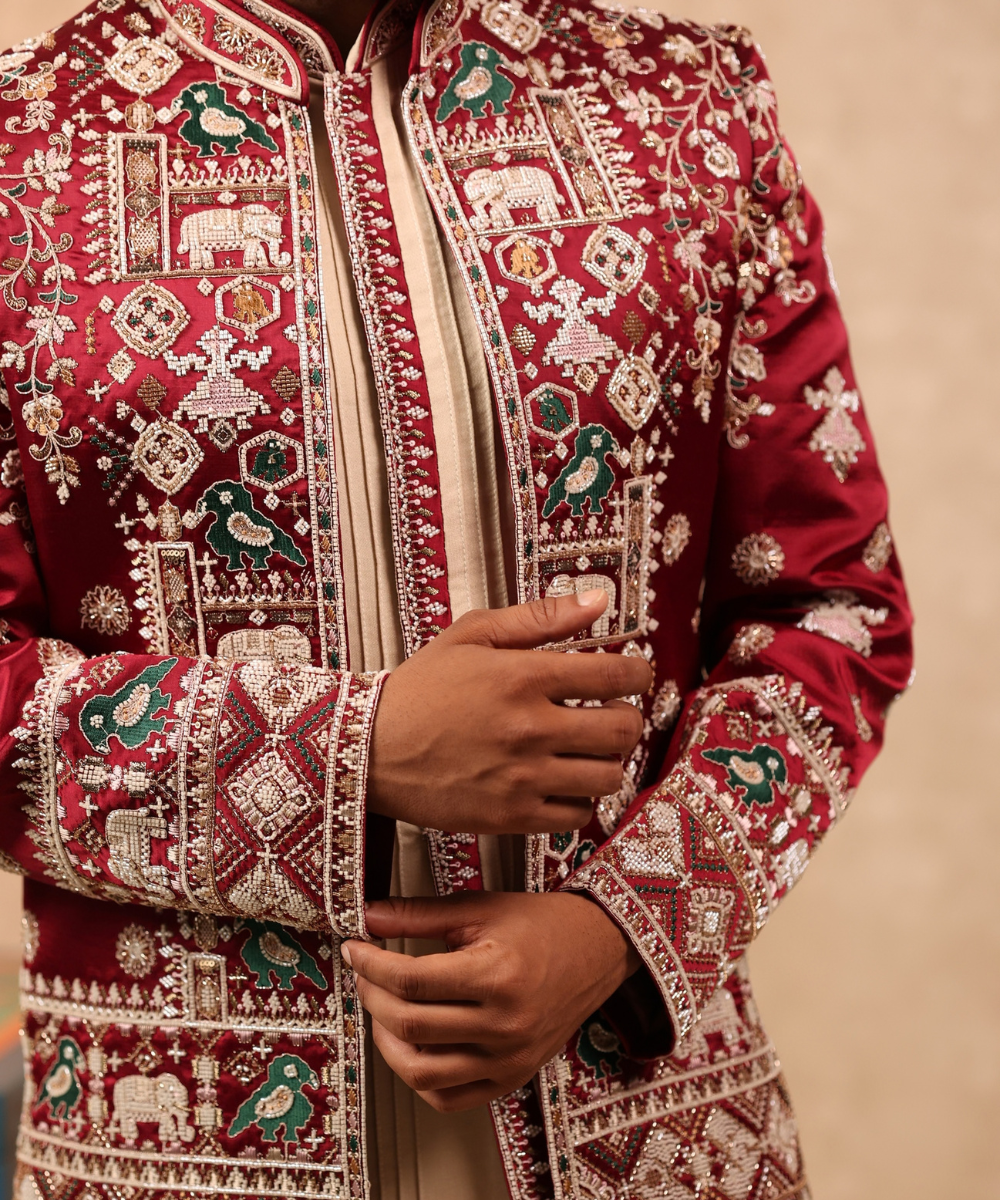 Maroon Handwork Indo Western Set for Men with Beige Pant