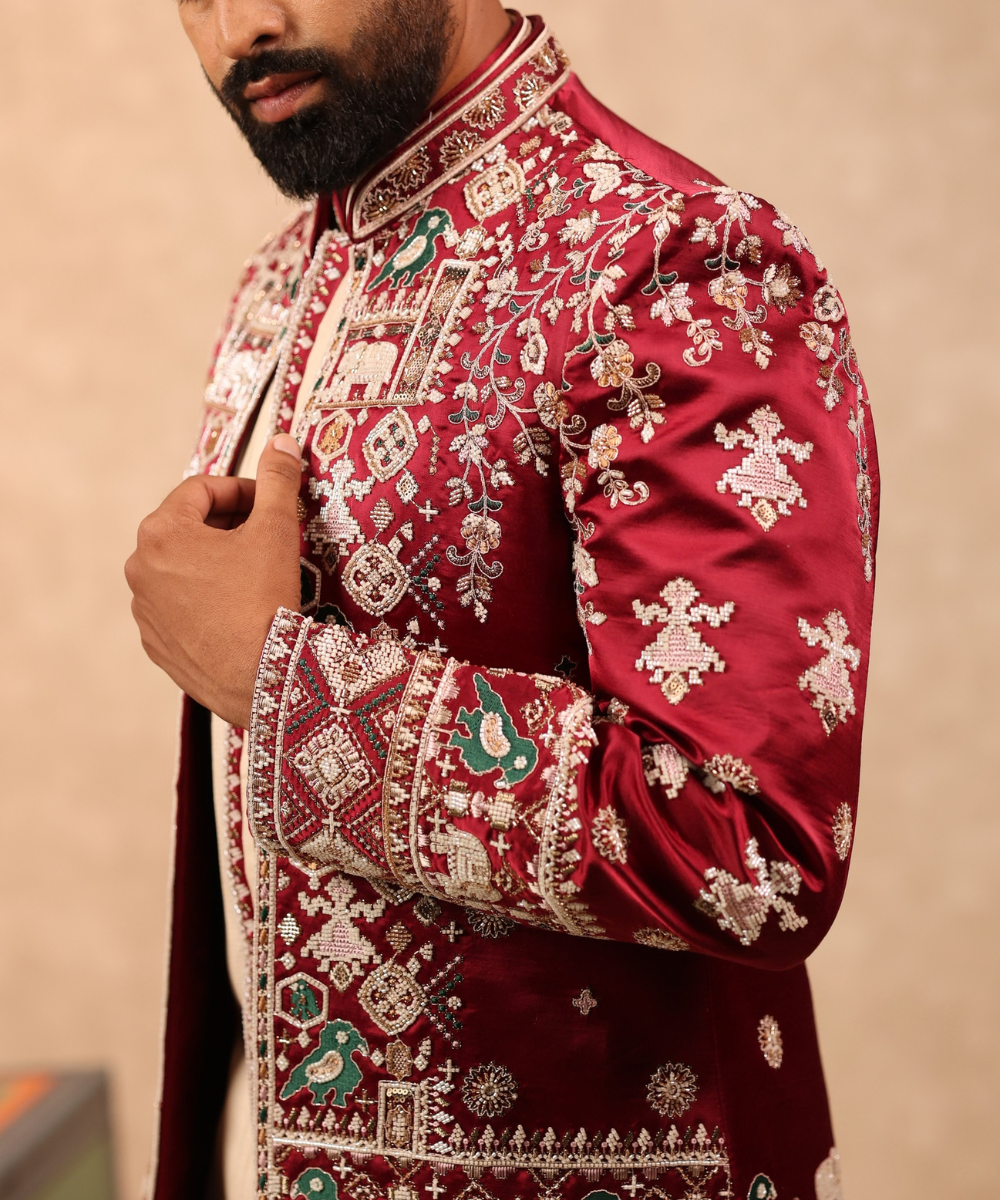 Maroon Handwork Indo Western Set for Men with Beige Pant