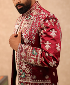 Maroon Handwork Indo Western Set for Men with Beige Pant