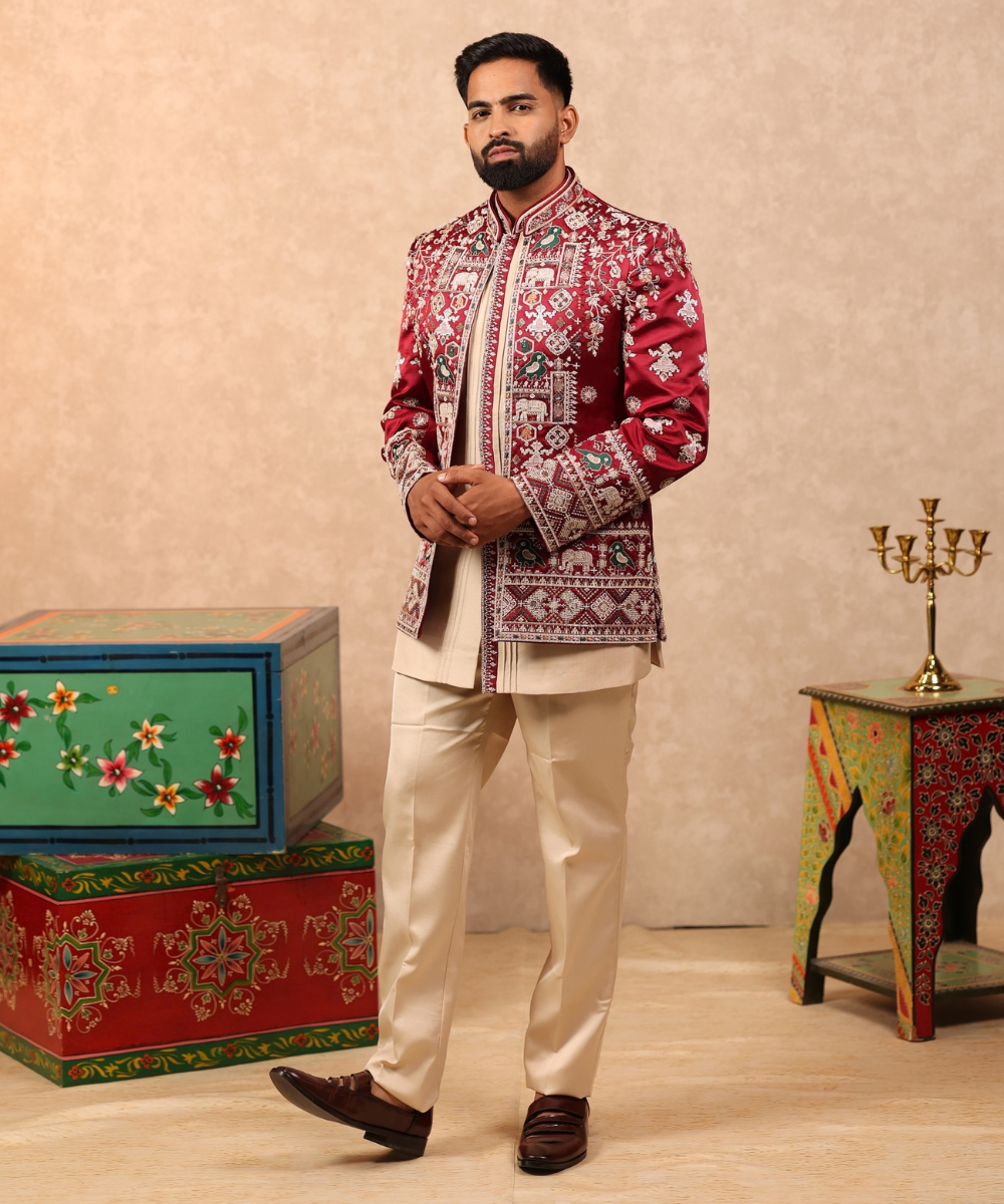 Maroon Handwork Indo Western Set for Men with Beige Pant