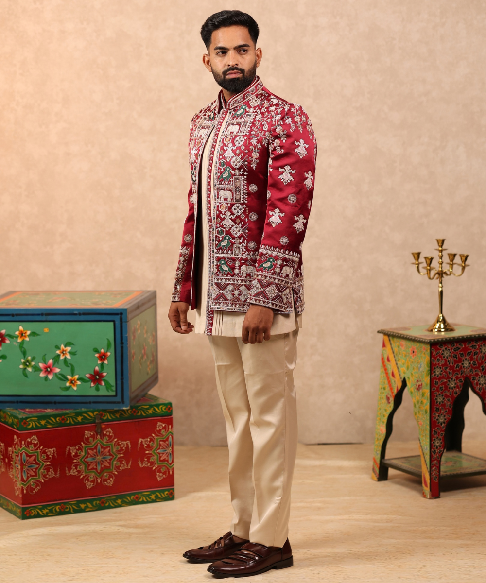Maroon Handwork Indo Western Set for Men with Beige Pant