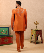 Orange Mirror Work Indo Western Jacket Set for Men