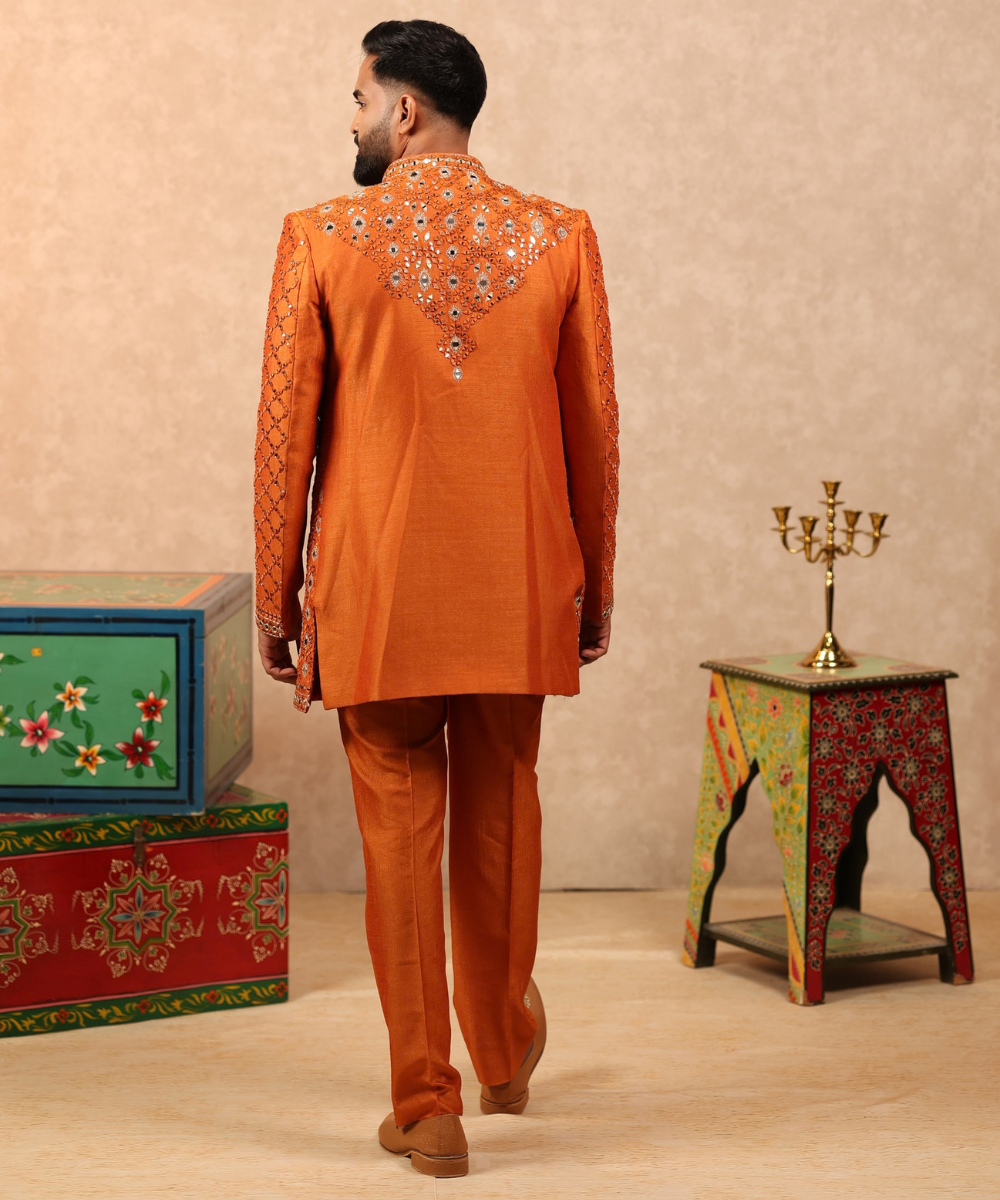 Orange Mirror Work Indo Western Jacket Set for Men