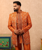 Orange Mirror Work Indo Western Jacket Set for Men
