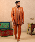 Orange Mirror Work Indo Western Jacket Set for Men