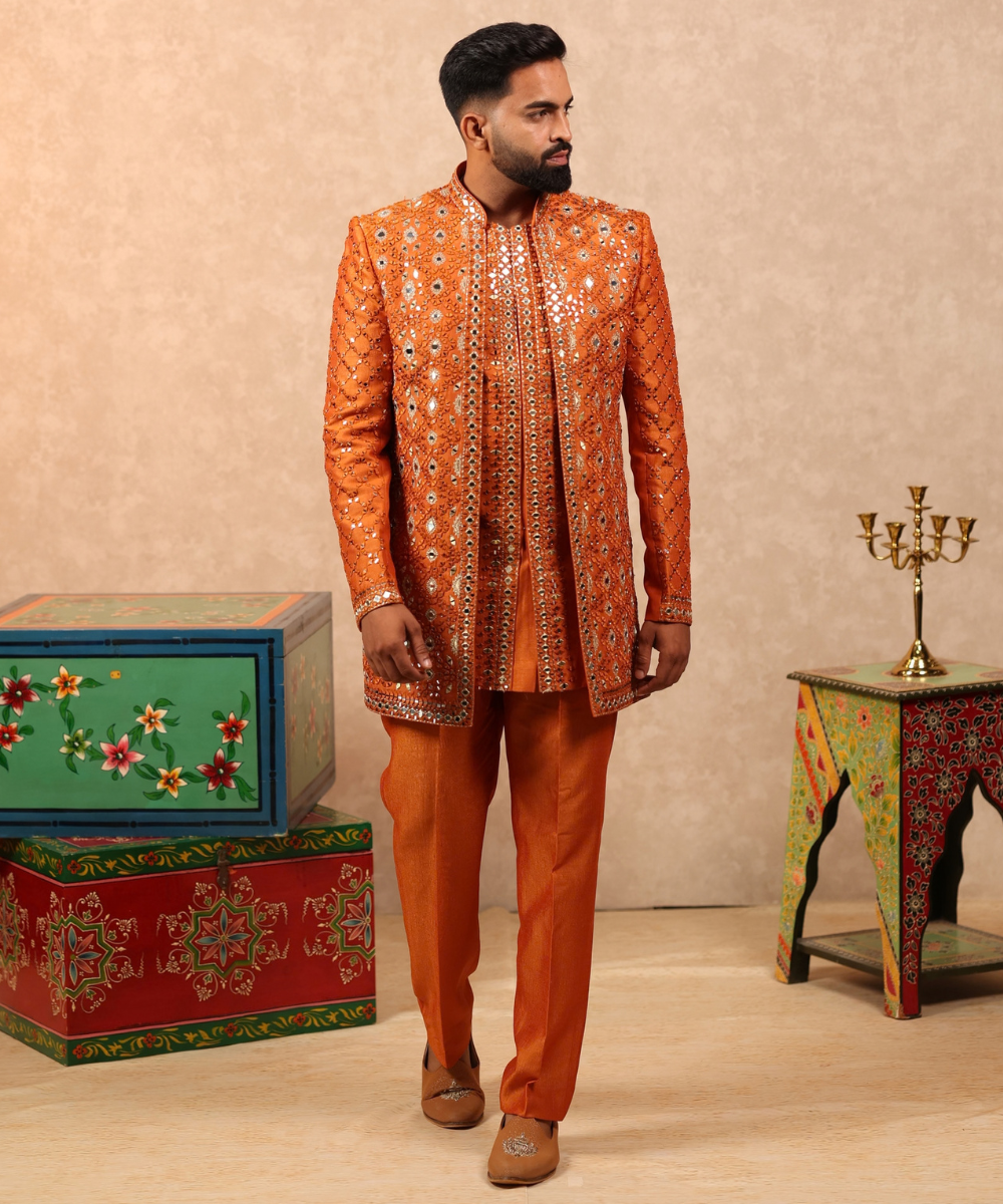 Orange Mirror Work Indo Western Jacket Set for Men