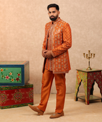 Orange Mirror Work Indo Western Jacket Set for Men