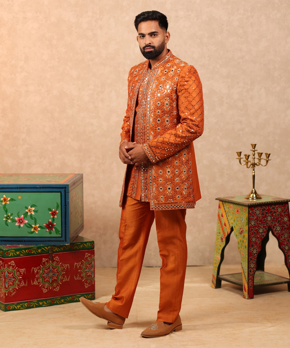 Orange Mirror Work Indo Western Jacket Set for Men