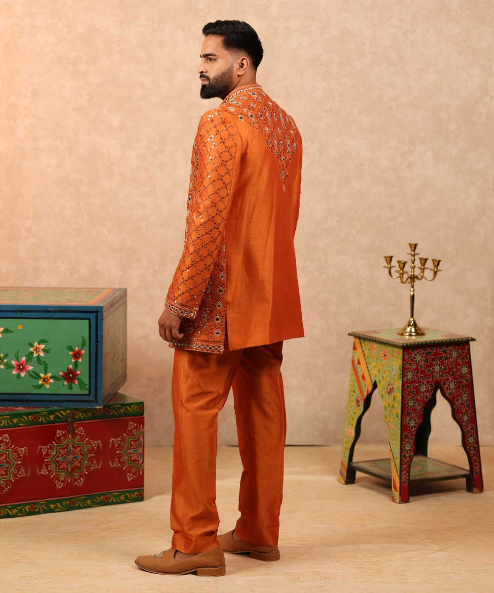 Orange Mirror Work Indo Western Jacket Set for Men