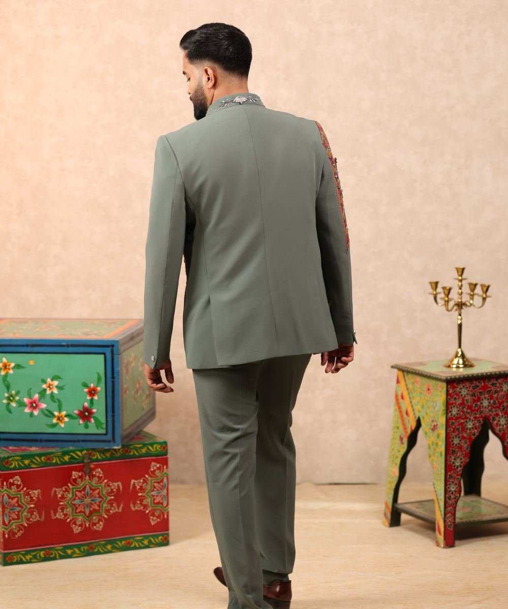 Pista Green Oxidised Work Indo Western Set for Men