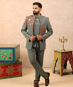 Pista Green Oxidised Work Indo Western Set for Men