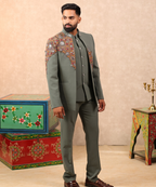 Pista Green Oxidised Work Indo Western Set for Men