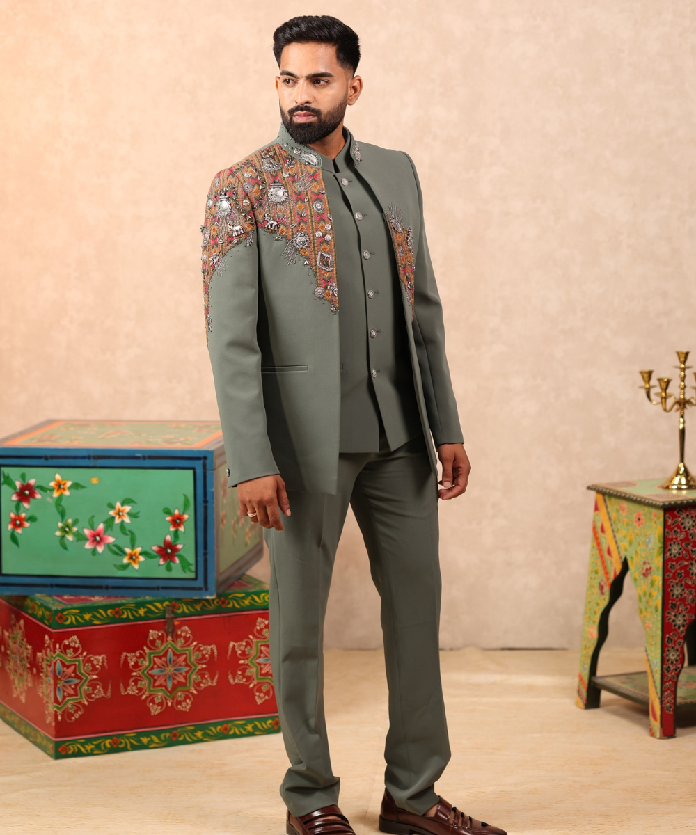 Pista Green Oxidised Work Indo Western Set for Men