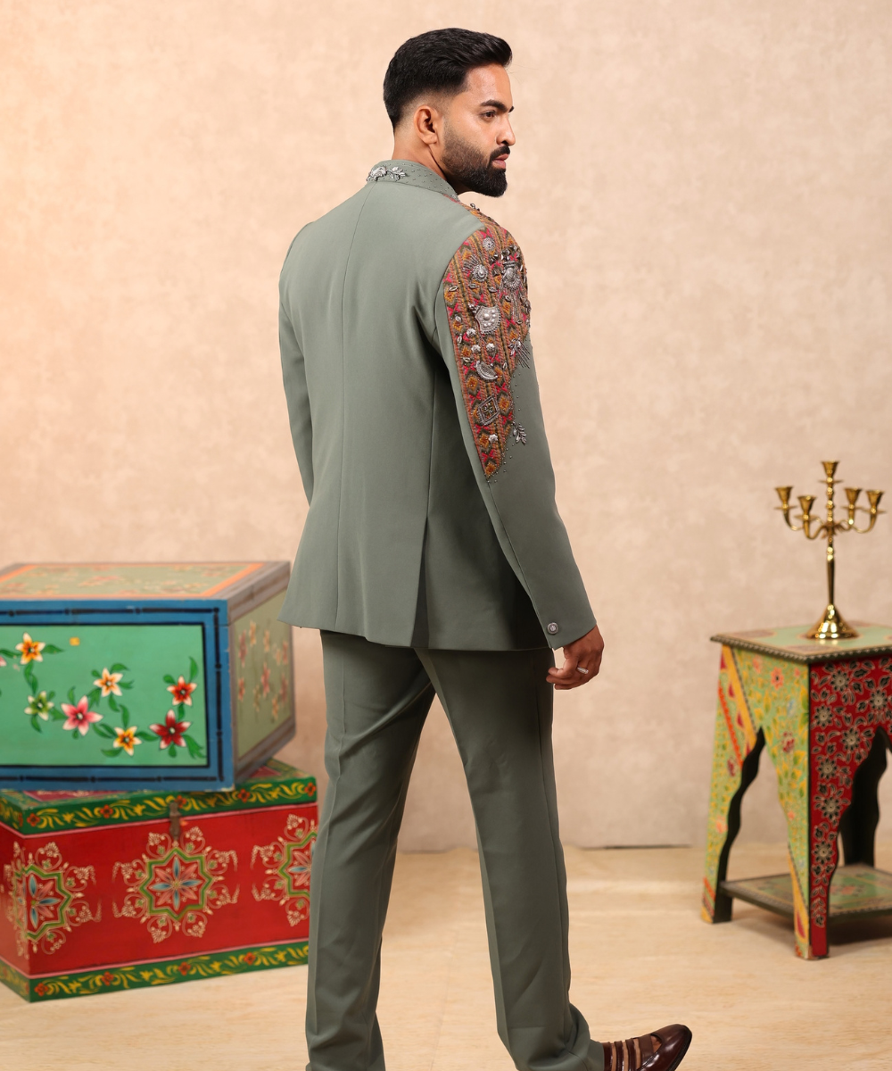 Pista Green Oxidised Work Indo Western Set for Men